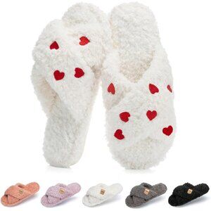 ⚡Women’s White Red Heart Faux Fur Cozy Fuzzy Cross Band Slippers House Shoes